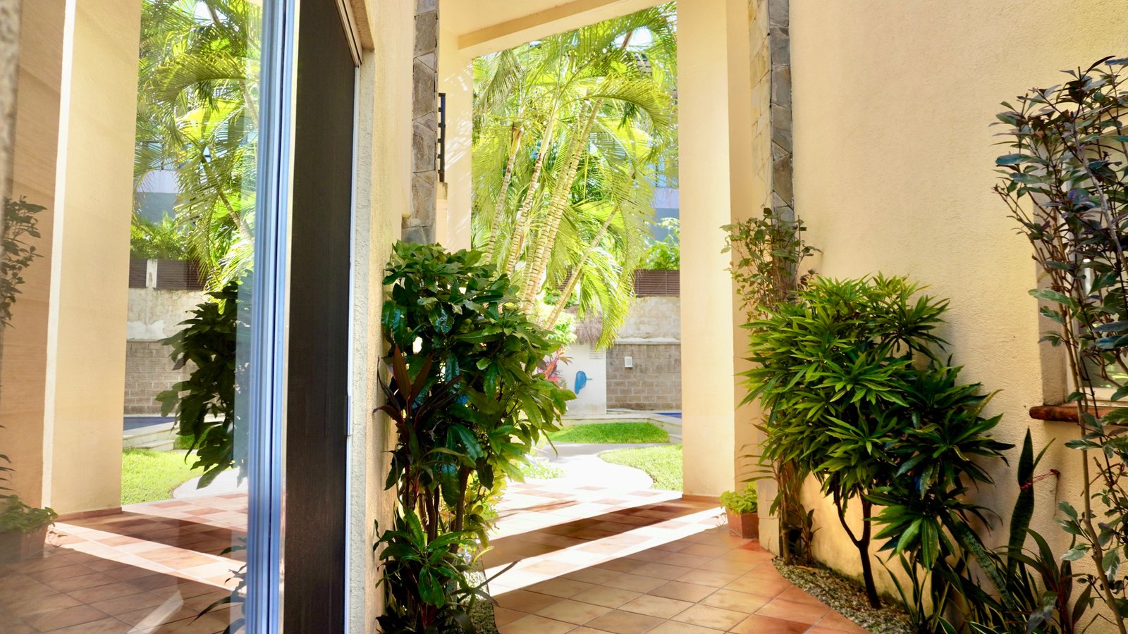 Departamento en venta en centro cancún - Entrada exterior con vegetación y vista a un jardín tropical con palmeras