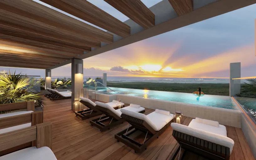 Vista desde alberca hacia atardecer