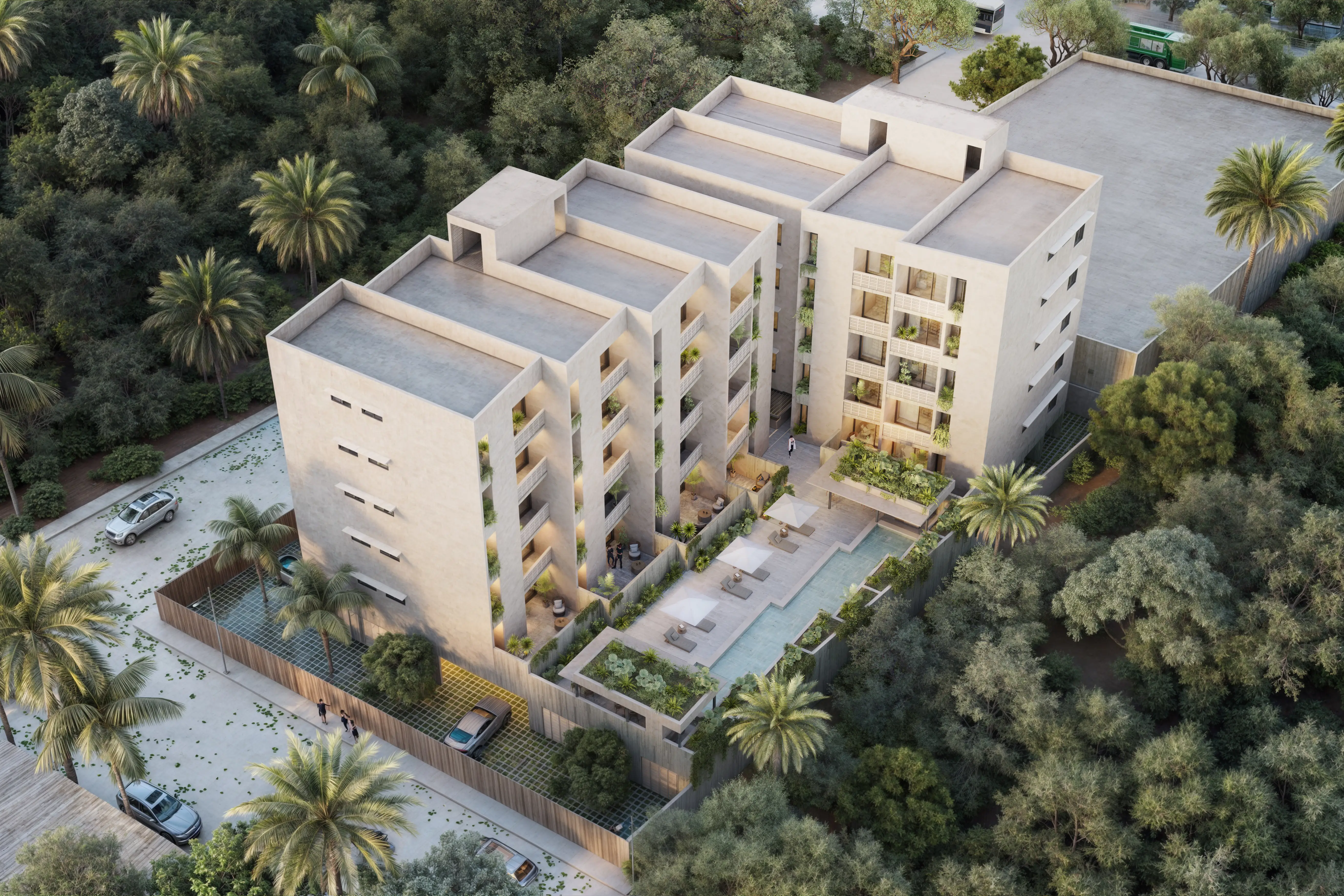 Departamentos en venta en Erenia Cancún vista aérea edificio